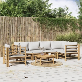 Set de muebles de jardín 7 piezas bambú y cojines gris claro