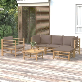 Set de muebles de jardín 6 piezas bambú con cojines gris taupé