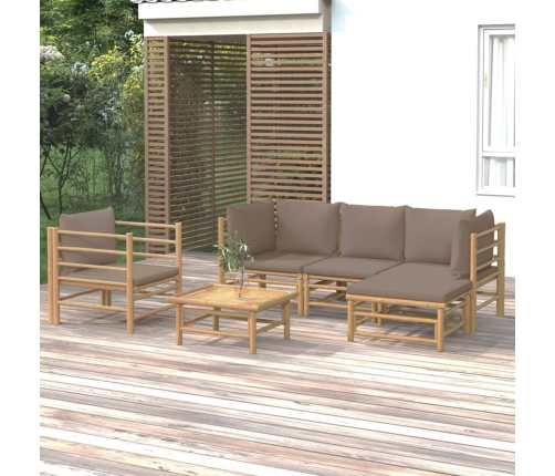 Set de muebles de jardín 6 piezas bambú con cojines gris taupé