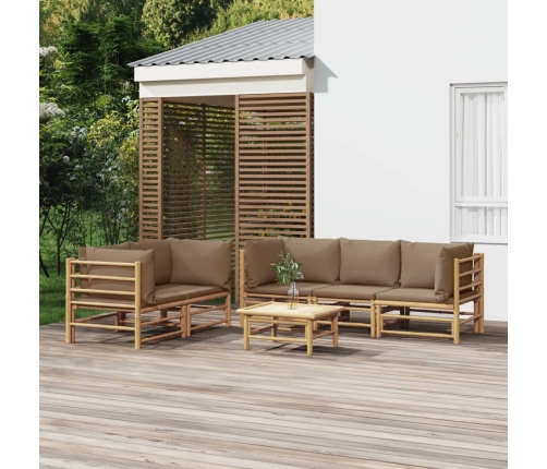 Set de muebles de jardín 6 piezas bambú con cojines gris taupé