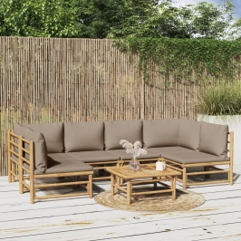 Set de muebles de jardín 7 piezas bambú y cojines gris taupe