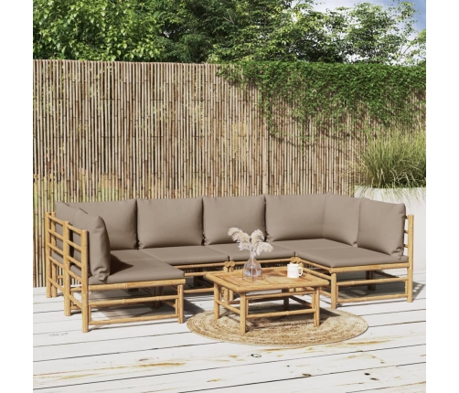 Set de muebles de jardín 7 piezas bambú y cojines gris taupe