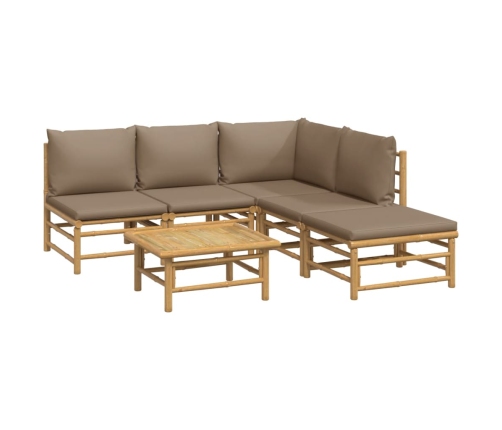 Set de muebles de jardín 6 piezas bambú con cojines gris taupé