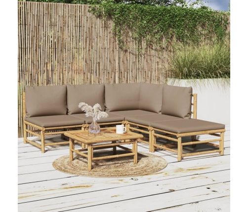 Set de muebles de jardín 6 piezas bambú con cojines gris taupé