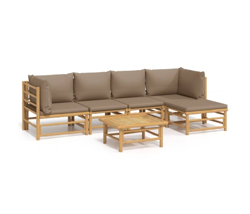 Set de muebles de jardín 6 piezas bambú con cojines gris taupé