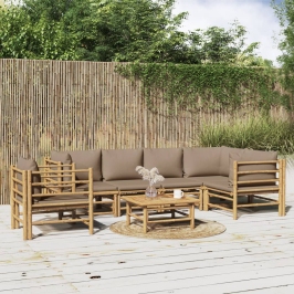 Set de muebles de jardín 7 piezas bambú y cojines gris taupe