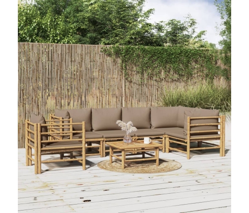 Set de muebles de jardín 7 piezas bambú y cojines gris taupe