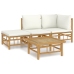 Set de muebles de jardín 4 piezas bambú y cojines blanco crema