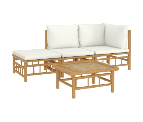 Set de muebles de jardín 4 piezas bambú y cojines blanco crema