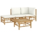 Set de muebles de jardín 4 piezas bambú y cojines blanco crema