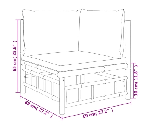 Set de muebles de jardín 4 piezas bambú y cojines blanco crema