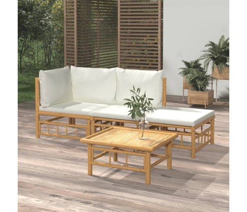 Set de muebles de jardín 4 piezas bambú y cojines blanco crema