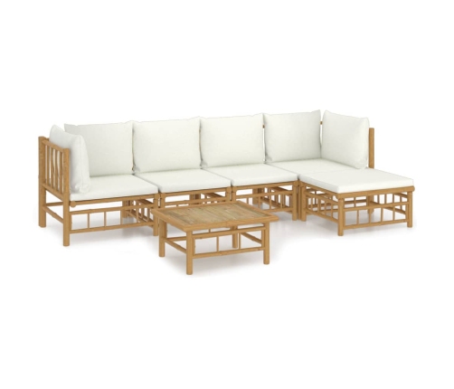 Set de muebles de jardín 6 piezas bambú y cojines blanco crema