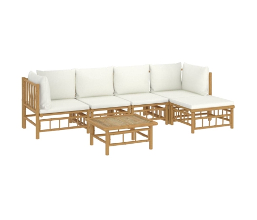 Set de muebles de jardín 6 piezas bambú y cojines blanco crema