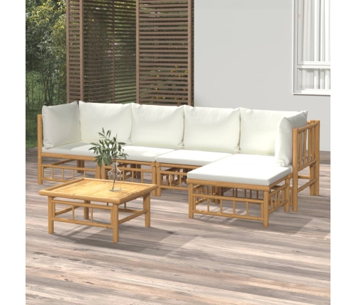 Set de muebles de jardín 6 piezas bambú y cojines blanco crema