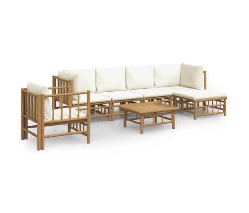 Set de muebles de jardín 7 piezas bambú y cojines blanco crema