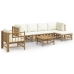 Set de muebles de jardín 7 piezas bambú y cojines blanco crema