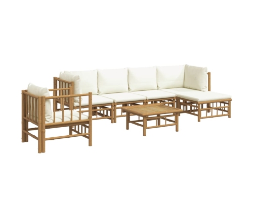 Set de muebles de jardín 7 piezas bambú y cojines blanco crema