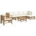Set de muebles de jardín 7 piezas bambú y cojines blanco crema