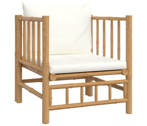Set de muebles de jardín 7 piezas bambú y cojines blanco crema