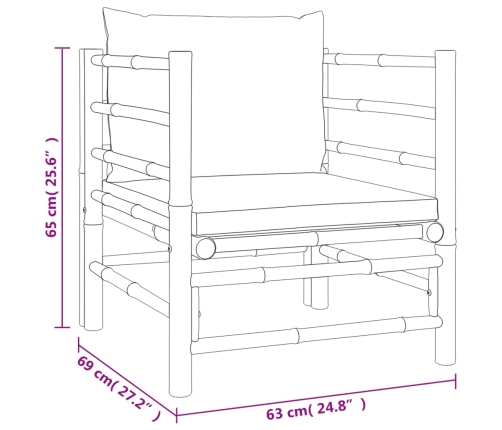 Set de muebles de jardín 7 piezas bambú y cojines blanco crema