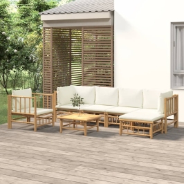 Set de muebles de jardín 7 piezas bambú y cojines blanco crema