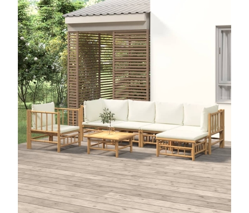 Set de muebles de jardín 7 piezas bambú y cojines blanco crema