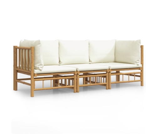Set de muebles de jardín 3 piezas bambú y cojines blanco crema
