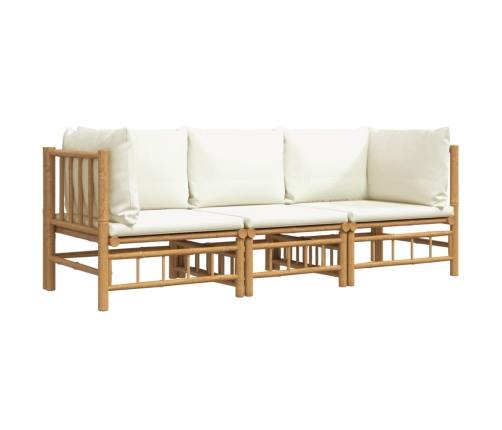 Set de muebles de jardín 3 piezas bambú y cojines blanco crema