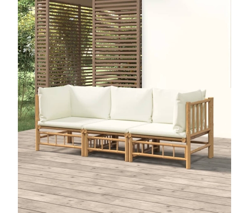 Set de muebles de jardín 3 piezas bambú y cojines blanco crema