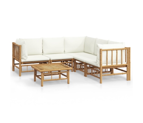 Set de muebles de jardín 6 piezas bambú y cojines blanco crema
