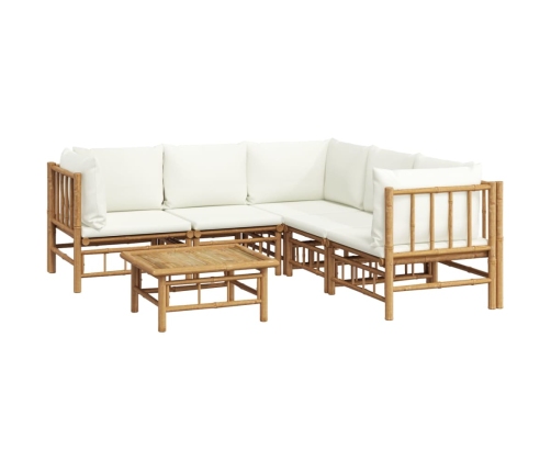 Set de muebles de jardín 6 piezas bambú y cojines blanco crema