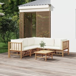 Set de muebles de jardín 6 piezas bambú y cojines blanco crema