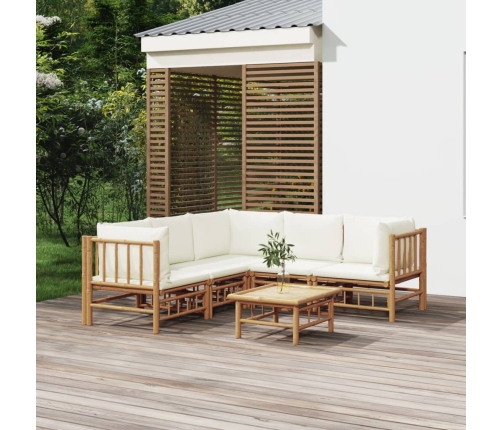 Set de muebles de jardín 6 piezas bambú y cojines blanco crema