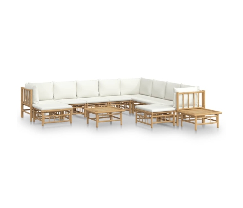 Set de muebles de jardín 12 piezas bambú y cojines blanco crema