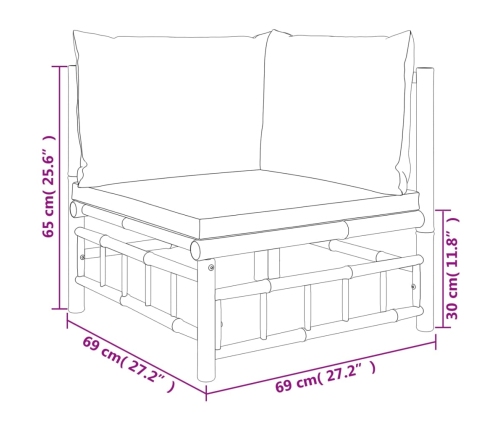 Set de muebles de jardín 12 piezas bambú y cojines blanco crema