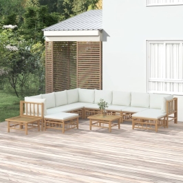 Set de muebles de jardín 12 piezas bambú y cojines blanco crema
