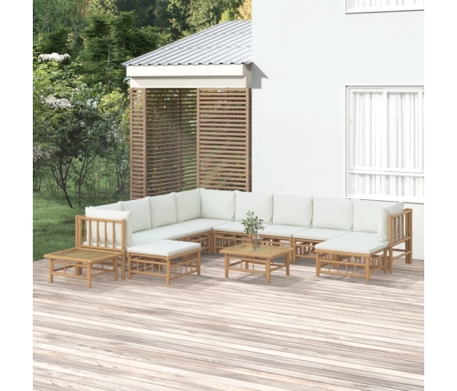Set de muebles de jardín 12 piezas bambú y cojines blanco crema