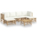 Set de muebles de jardín 7 piezas bambú y cojines blanco crema