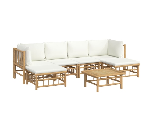 Set de muebles de jardín 7 piezas bambú y cojines blanco crema