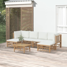 Set de muebles de jardín 7 piezas bambú y cojines blanco crema