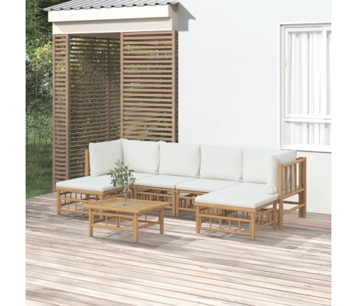 Set de muebles de jardín 7 piezas bambú y cojines blanco crema