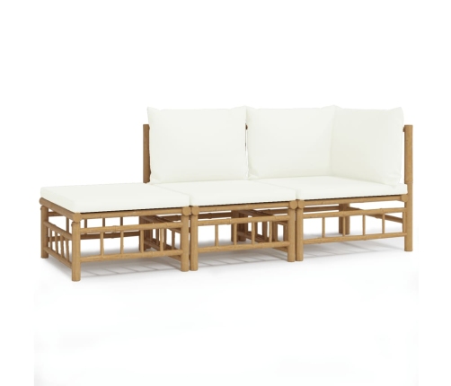 Set de muebles de jardín 3 piezas bambú y cojines blanco crema