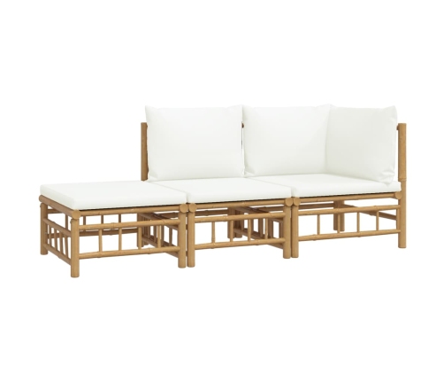 Set de muebles de jardín 3 piezas bambú y cojines blanco crema
