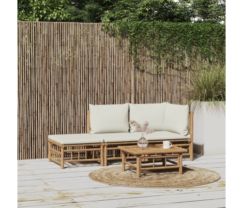 Set de muebles de jardín 3 piezas bambú y cojines blanco crema