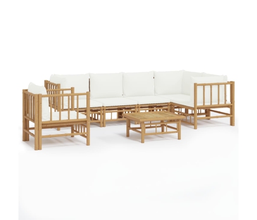 Set de muebles de jardín 7 piezas bambú y cojines blanco crema