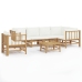 Set de muebles de jardín 7 piezas bambú y cojines blanco crema