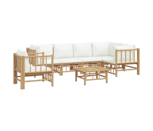 Set de muebles de jardín 7 piezas bambú y cojines blanco crema