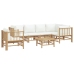 Set de muebles de jardín 7 piezas bambú y cojines blanco crema