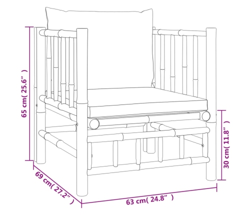 Set de muebles de jardín 7 piezas bambú y cojines blanco crema